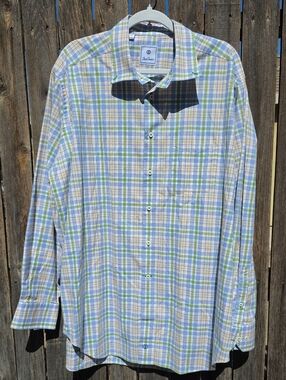 David Donahue Blue, Green & White Plaid Button-Down Shirt 100% Cotton XXL